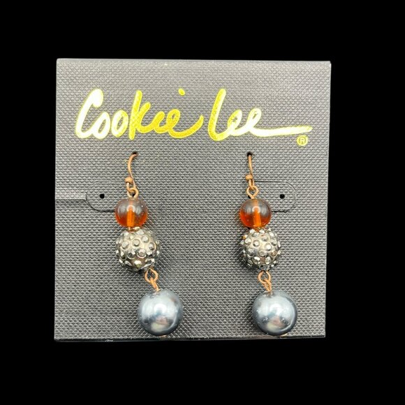 Cookie Lee Earrings Copper Tone Dangle Three Bead Amber Color Silver Gray Beads - Picture 2 of 6
